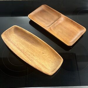 2 Woodard & Charles Divided Wood Dish & Oblong Tray Tidbit Snack Nut Trinket